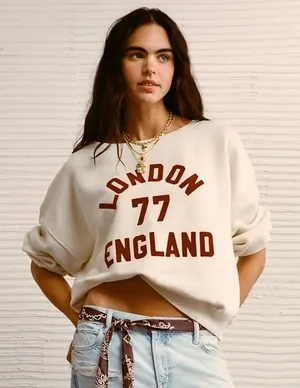American Eagle Sweatshirt AE Off The Shoulder London 77 England Small Cream thumbnail 1