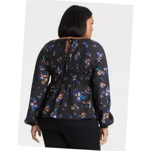 Ava & Viv Black Multicolor Floral Long Sleeve Smocked Peplum Top Sz‎ 1X NEW thumbnail 2