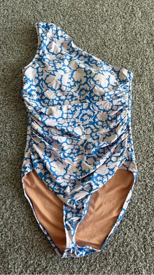 J. Crew One-Shoulder Blue and Cream Floral Swimsuit Tunny Control Flattering thumbnail 1