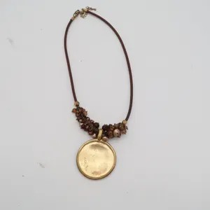 Hammered Gold Medallion Beaded Cord Necklace Brown Boho Statement thumbnail 3
