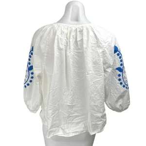 H&M White Blue Floral Paisley Embroidered Half Sleeve Button Down Blouse Top L thumbnail 2