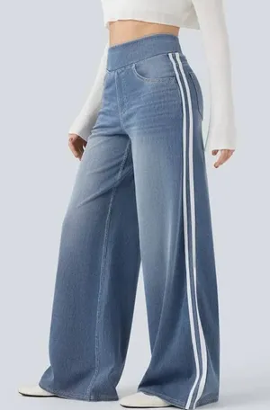Halara Flex High Waisted Stripe Wide Leg Jeans Light Blue Wash L Regular thumbnail 1