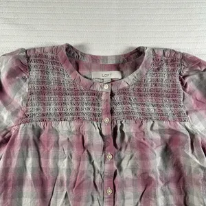 LOFT Women’s Medium Plaid Smocked Peasant Blouse Pink Gray Button Front thumbnail 8