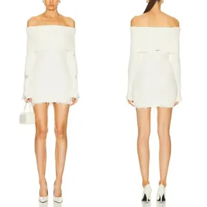 Ser.o.ya | Everleigh‎ Distressed Knit Off-Shoulder Mini Dress in Winter White thumbnail 3
