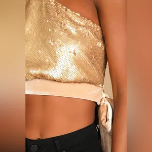 Lulus NWOT Spectacular Matte Gold Sequin One-Shoulder Side-Tie Crop Top Size M thumbnail 6