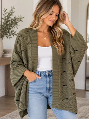 Hem & Thread Olive Green Open Knit Oversized Cardigan One Size NWT thumbnail 1