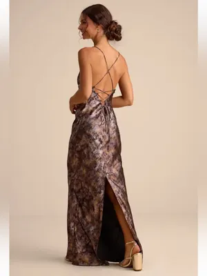 Sheeva Shiny Brown Multi Abstract Satin Lace-Up Maxi Dress thumbnail 4
