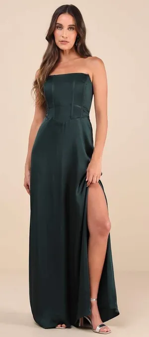 NWT Lulus Extraordinary Presence Dark Green Satin Strapless Maxi Dress Holiday L thumbnail 1