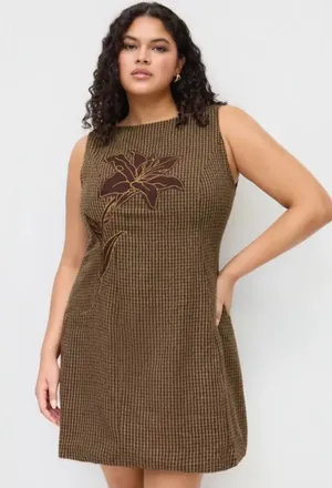 CIDER S Brown Tweed Floral Applique Sleeveless Mini Dress Cottagecore Academia thumbnail 1