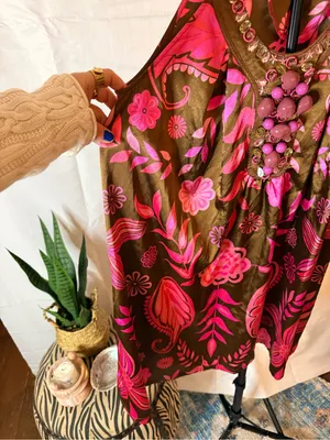Vintage Y2K Women’s Satin Pink & Brown Floral Halter Dress w/ Beading McBling thumbnail 3