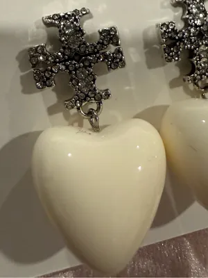 Tory Burch | Silver Plated Crystal Pave Accent Logo Earrings & Cream Heart Drops thumbnail 3