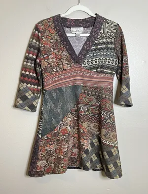 Women Patchwork Micro Dress Tunic Y2K Babydoll Twee‎ S Gilmore Hippie 3/4 Sleeve thumbnail 1
