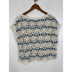 Solitaire Crochet Knit Floral Medallion Top Cream Blue Boho Cap Sleeve Large thumbnail 2