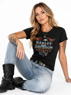 Harley Davidson Women M Moto Motorcycle Biker Girl Graphic Tee Western Grunge thumbnail 1