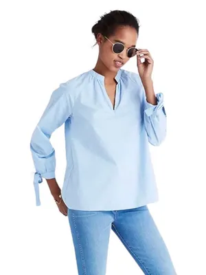 Madewell Tie Sleeve Popover Top Blue Size XS thumbnail 2