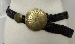 Braided Brass Medallion Belt XL Brown Boho Western Festival Faux Leather VTG thumbnail 1