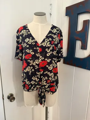Madewell Navy Hillside Daisy V-Neck Tie-Front Top with Floral Print Sz M thumbnail 2