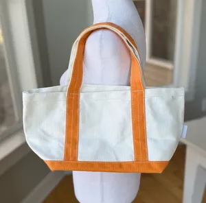 Vintage Ivory Orange Cotton Canvas Boat Tote Shoulder Bag Purse thumbnail 1