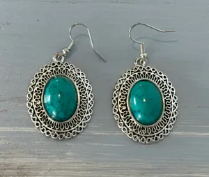 Silver Tone Dangle Pierced Earrings Faux Turquoise Cabochons Blue thumbnail 2