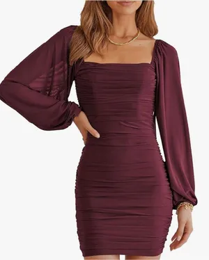 Maroon bodycon long sleeve mini dress thumbnail 1