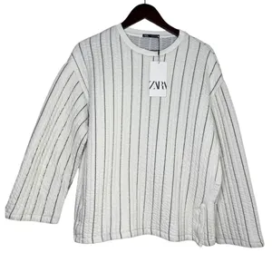 NWT Zara Boxy Oversized Striped Soft Quilted Long Sleeve Sweater M White Black thumbnail 1