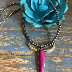 New Pink and Silver Longhorn Pendant on 18” Beaded Navajo Style Chain thumbnail 6