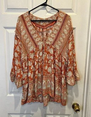Free People Moonlight Dance Orange Floral Boho Tunic V-Neck Bell Sleeve Size M thumbnail 1