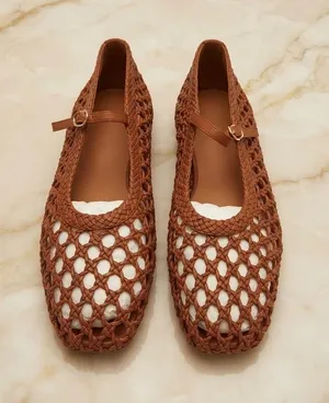 Women’s Cognac Brown Woven Mesh Mary Jane Flats – Square Toe Elastic Strap Shoes Size 10 NWT thumbnail 1