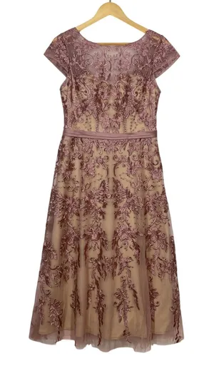 Azazie Sanna Midi Tulle A-Line Dress‎ Size 6 Dusty Rose Champagne Floral Lace thumbnail 1