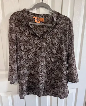 Tory Burch Brown Elephant Printed V-Neck Tunic Top Size 6 thumbnail 1