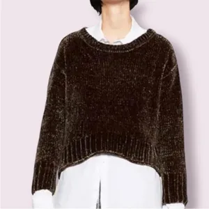 Zara Cropped olive brown chenille oversized wide crew neck sweater M thumbnail 2
