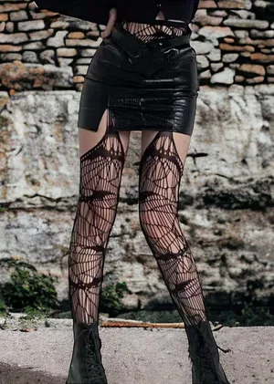 Black Bat Fishnet Suspender Tights Hollow Out High Waist Mesh Pantyhose One Size thumbnail 3