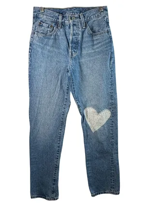 Levis 501 Original 150th Jeans Heart Patch Blue Denim W25 L30 High Rise Straight thumbnail 1