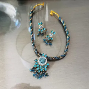 Ethnic Indian Necklace & Earrings Set – Turquoise Crystal Design thumbnail 7