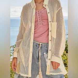 Pol open crochet Button down boho shacket Antique white. Size Medium thumbnail 7