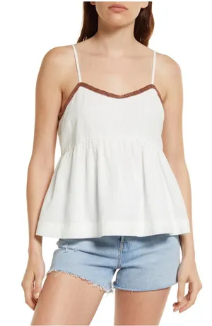 Treasure & Bond Peplum Cami with Brown Trim Babydoll Cotten Top thumbnail 1