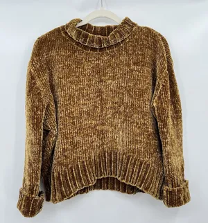 Women's Sweater Velvet Chelsea & Theodore Mock Mustard Yellow Brown Crop Relax thumbnail 1