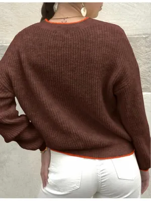 NEW Crew Neck Long Sleeve Knit Contrast Piping Strip Pullover Sweater M thumbnail 2