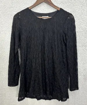 Joan Rivers Lace Tunic Top Womens XS Black Long Sleeve Floral Crew‎ Neck Elegant thumbnail 1