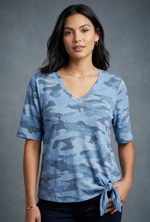 Democracy Blue Camo V-Neck Side Tie Hem Top M thumbnail 1