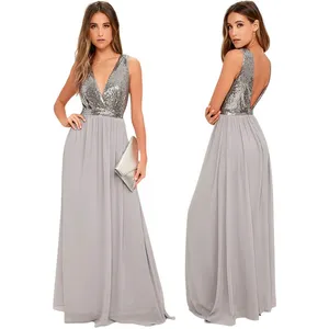 Lulus Elegant Encounter Pewter Sequin Maxi Dress Silver Grey V-Neck Gown Small thumbnail 2