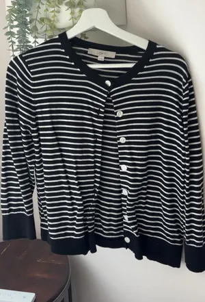 LOFT white & black striped cardigan in size M thumbnail 1