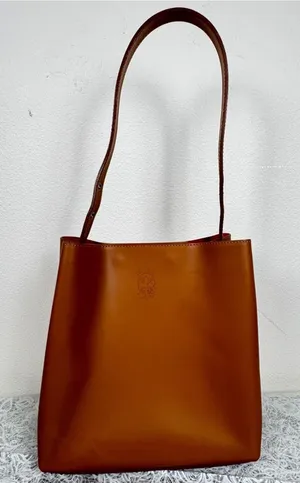 Made in Italy Cognac Leather Structured Tote Bucket Bag Purse Minimalist Classic thumbnail 1