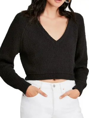 Free People Textured Knit V Neck Sweater Size Small Crop Black thumbnail 9