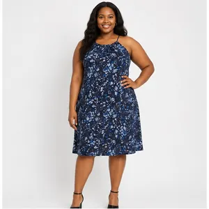 Time and Tru Womens Dress Size XL Dark Navy Floral Halter Knit Midi Flowy Halter thumbnail 5