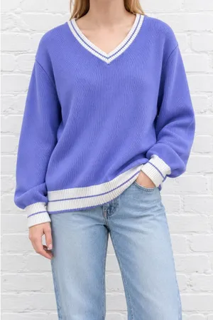 Brandy Melville Nikki Periwinkle Blue White Varsity V Neck Sweater One Size thumbnail 1