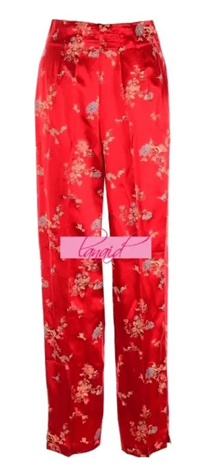 Chinese Oriental Asian Japanese Red Floral High-Rise Waist Shiny Sateen Slacks thumbnail 1