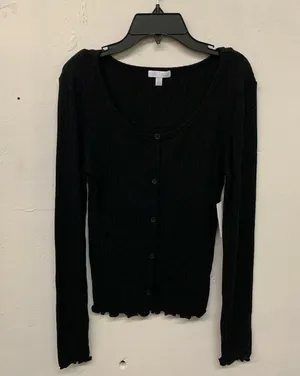 ABOUND Womens Black Solid Button Front Pointelle Knit Top Long Sleeve thumbnail 2