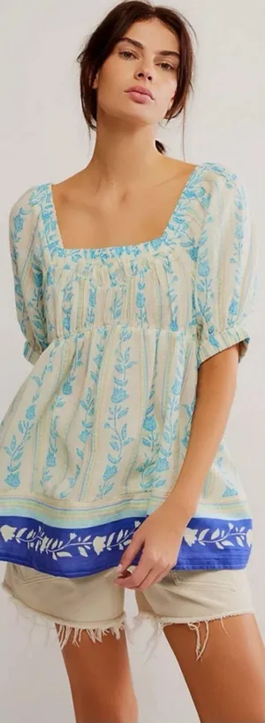 Free People Bohemian 70s Block Print Santorini Printed Babydoll Tunic Size Large thumbnail 1