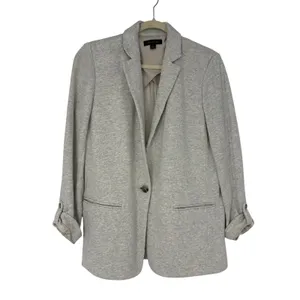 Ann Taylor Knit Blazer Jacket Gray Heather Cotton One Button Roll Tab Sleeve 6 thumbnail 2